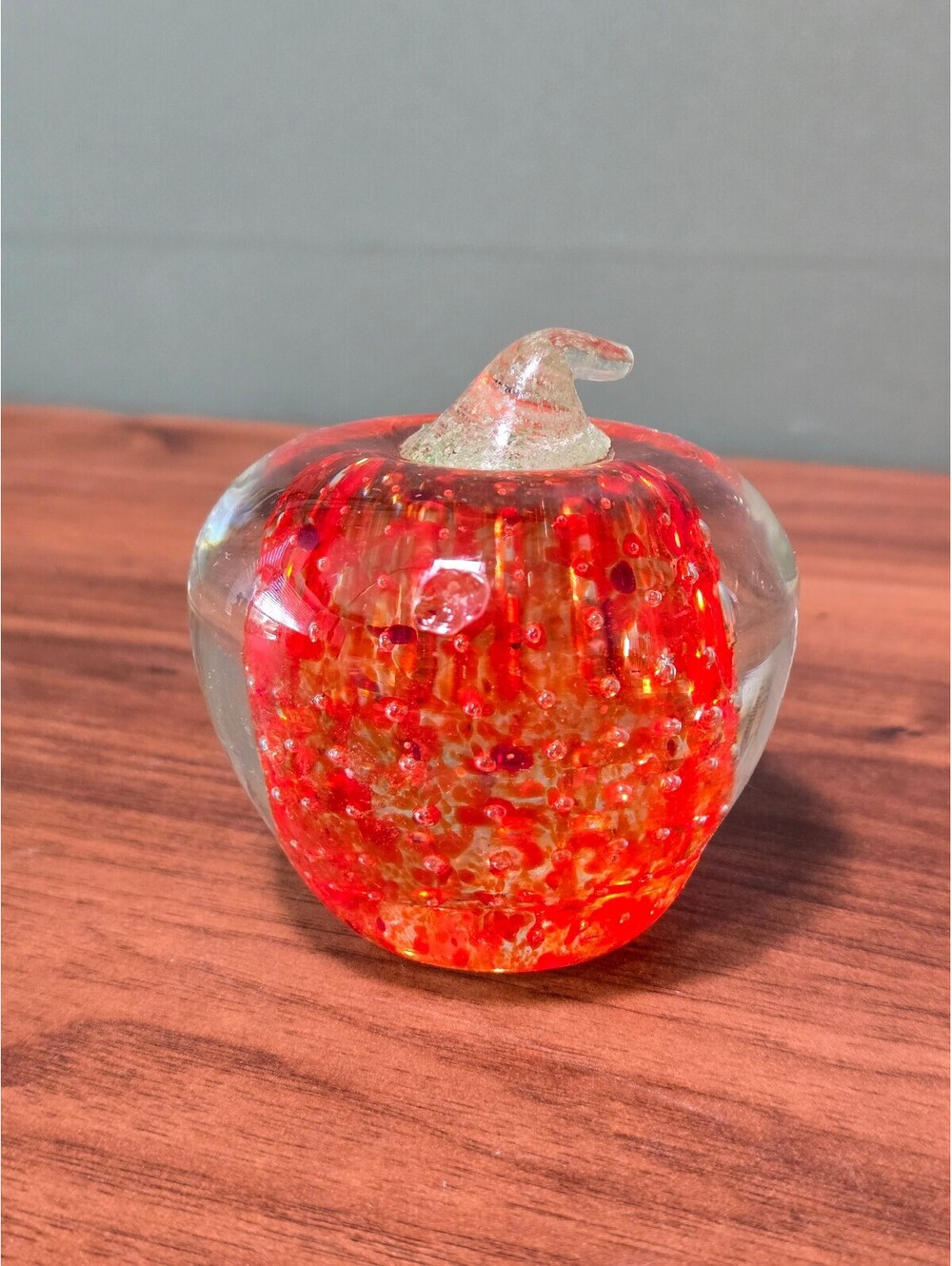 Vintage Red Glass Apple Paperweight, Controlled Bubble Stem Figurine